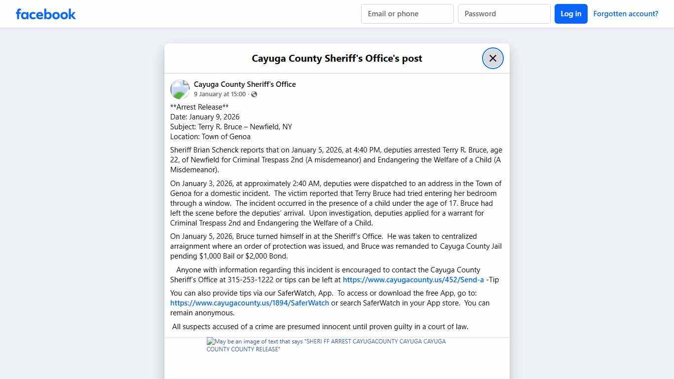 **Arrest Release** Date:... - Cayuga County Sheriff's Office | Facebook